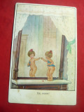 Ilustrata - Fetita in baie la oglinda -piesa de autor , Germania, Necirculata, Printata