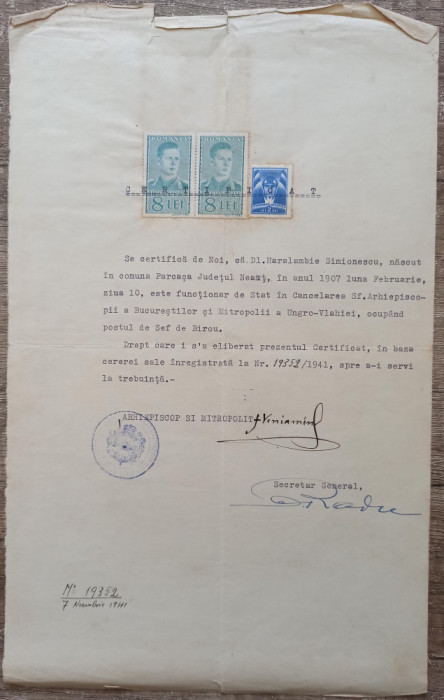 Certificat Arhiepiscopia Bucurestilor semnat de arhiereul Veniamin Pocitan, 1941