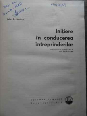 Initiere In Conducerea Intreprinderilor - J. A. Shubin ,523986 foto