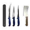 Set profesional de macelarie, injunghiat, dezosat, transat, filetat, 3 cutite, suport magnetic si satar