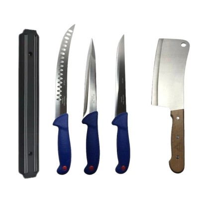 Set profesional de macelarie, injunghiat, dezosat, transat, filetat, 3 cutite, suport magnetic si satar foto
