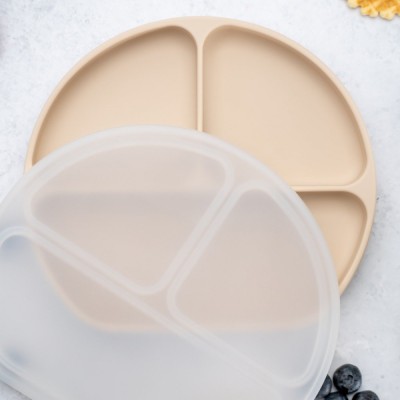 Farfurie compartimentata din silicon cu ventuza si capac, AppeKids - Bubble Beige foto