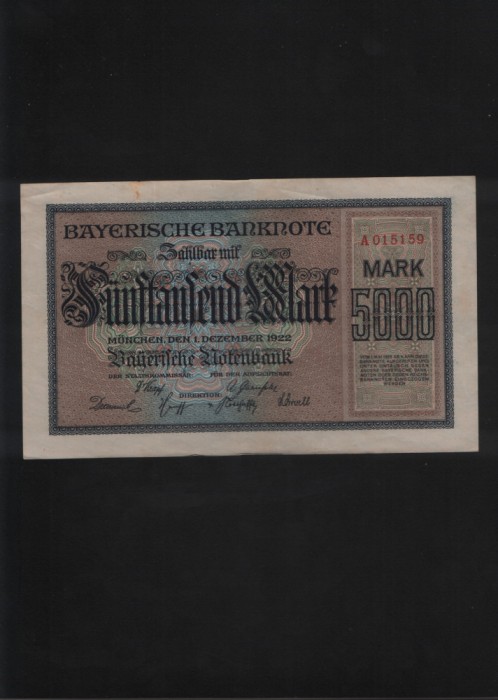 Germania 5000 mark marci 1922 Munchen Notenbank seria015159 aunc