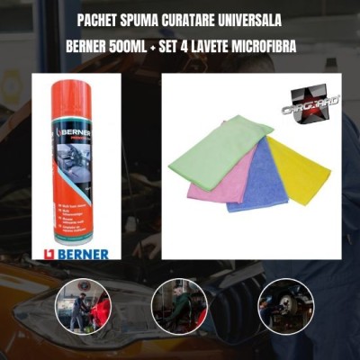 Pachet spuma curatare universala Berner 500ml + Set 4 lavete microfibra foto
