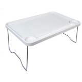 Masuta tip tava pliabila pentru pat, canapea sau citit, din plastic si metal, alba cu spatiu pentru pahare si accesorii, ATS, 55x35x25 cm