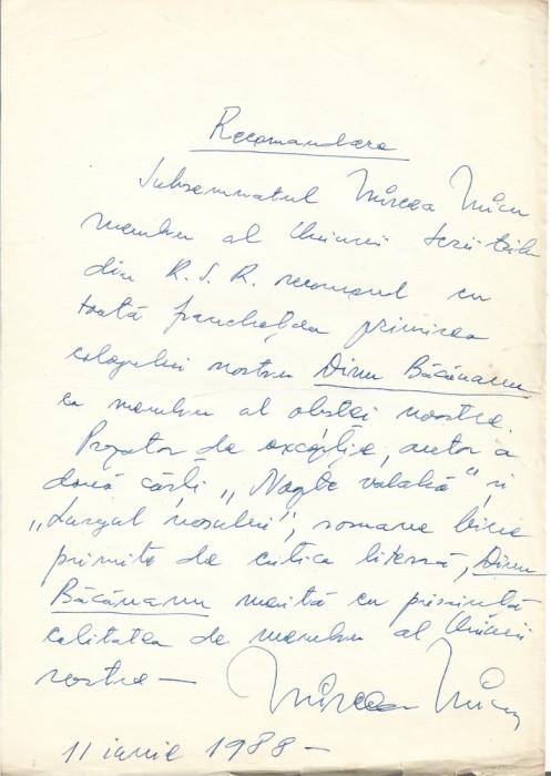 A3432N Mircea Micu, act scris și semnat olograf, 1988