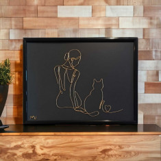 Iubim pisicile, tablou din fir continuu de sarma placata cu aur, 19×25 cm
