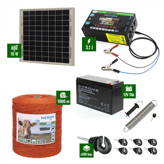 Pachet gard electric cu Panou solar 3,1J putere și 1000m Fir 80Kg cu acumulator