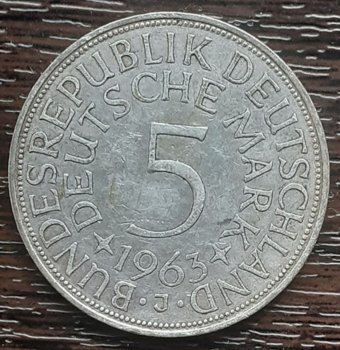 (A850) MONEDA DIN ARGINT GERMANIA - 5 MARK 1963, LIT J, 11,2 GRAME. PURITATE 625