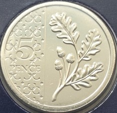 5 pence 2023 Marea Britanie, Oak sprig, Charles al-III-lea, Tudor crown privy mark, Brilliant uncirculated, Coincard, km#2436