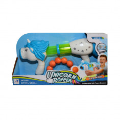 Blaster de jucarie Unicorn Pop - Pomp Action cu 6 bile si tinta, alb-albastru foto