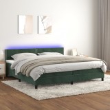 VidaXL Pat cu arcuri, saltea și LED, verde &icirc;nchis, 200x200 cm, catifea