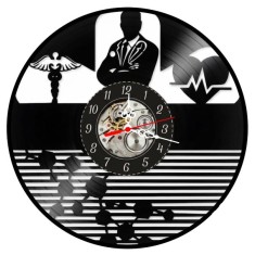 Ceas de perete decorativ realizat manual din disc de vinil, handmade, tematica Doctor si Stetoscop, ideal cadou de multumire pentru medici si cadre me