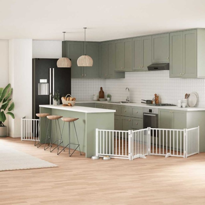 vidaXL Poartă c&acirc;ini pliabilă cu ușă 12 panouri, alb, 960 cm, lemn plop 3155732