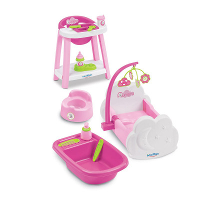 Set de joaca ingrijirea bebelusilor Nursery 3 in 1, patut, scaun de masa, accesorii incluse foto