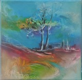 Pictură originală ulei pe p&acirc;nză &bdquo;Doi copaci pe malul unui lac albastru&rdquo; 20x20 cm, pe șasiu. Certificat cu semnătura și ștampila artistului