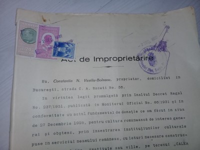 ACT DE IMPOPRIETARIRE,DONATIE 1928,Constantin Vasiliu Bolnavu,un mare filantrop foto