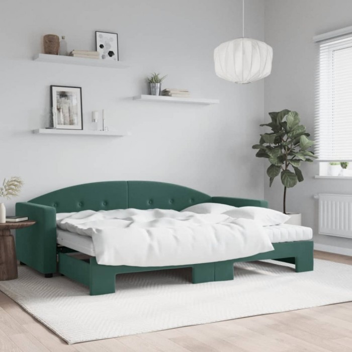 vidaXL Pat de zi cu extensie și saltele verde &icirc;nchis 80x200 cm catifea 3197320