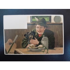 Carte postala barbat si caine, inceput de secol XX