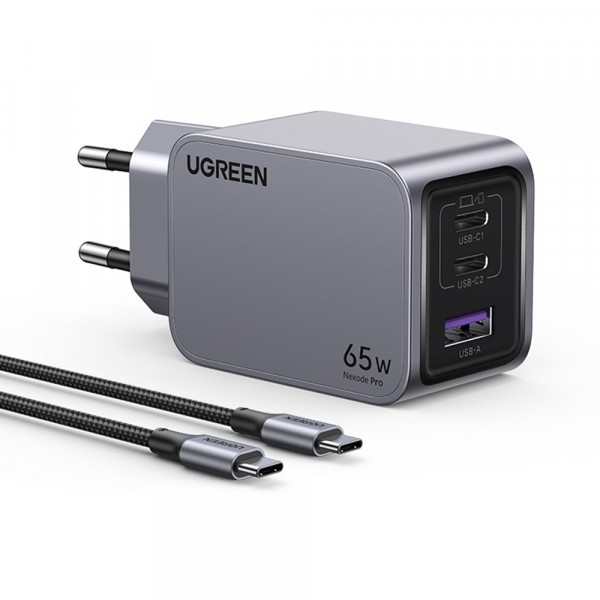 Incarcator Retea Cu Cablu USB-C UGREEN X755 Nexode Pro, 65W, 3A, 1 x USB-A - 2 x USB-C, Gri