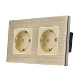 Priza schuko dubla Luxion LX-2MP010A-G, incastrat, contact de protectie, rama din aluminiu inclusa, auriu