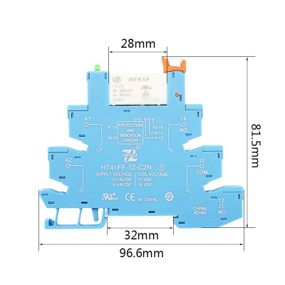 Releu de putere 24V HF41F, cu suport, albastru foto