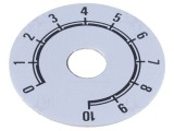 Scală Aluminiu Autoadezivă Potentiometre &Oslash;41mm, Gamă 0-10, Cifre Negre, Fundal Argintiu