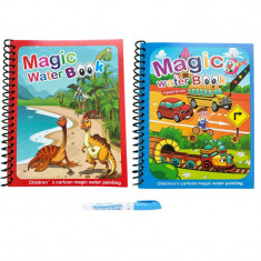 Set 2 carti de colorat cu apa, 8 pagini, Magic Book, reutilizabila, modele cu vehicule si dinozauri, pentru fete si baieti, 3+
