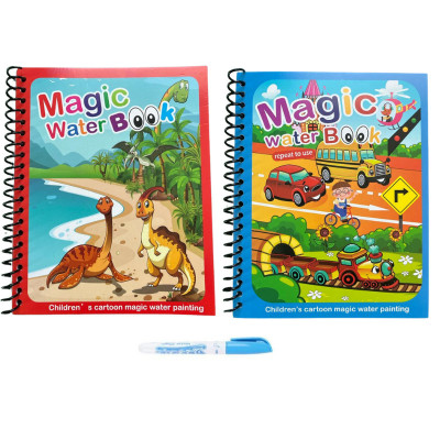 Set 2 carti de colorat cu apa, 8 pagini, Magic Book, reutilizabila, modele cu vehicule si dinozauri, pentru fete si baieti, 3+ foto