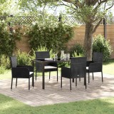 Cumpara ieftin Set de dining de grădină cu 5 piese și perne, negre, din rattan lucios.