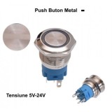 Push Button Metalic 19mm, 5-24V, LED Albastru, NO/NC, Antivandal, Impermeabil, Inox