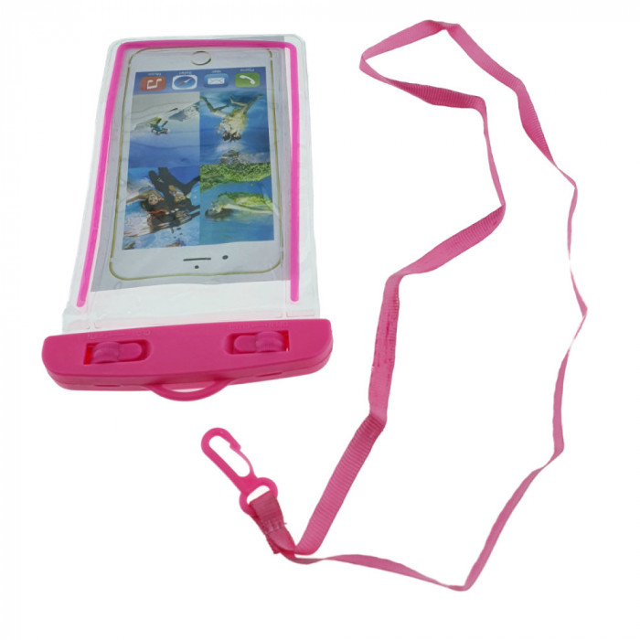 Husa universala impermeabila cu snur de prindere, Waterproof Glow 35277, pentru telefoane 4.8-5.8 inch, roz