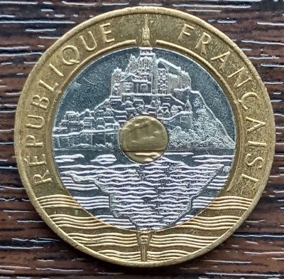 (S) MONEDA FRANTA - 20 FRANCS 1992, MONT ST. MICHEL, TRIMETALICA foto