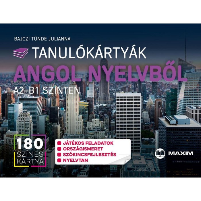 Tanul&oacute;k&aacute;rty&aacute;k angol nyelvből A2-B1 szinten halad&oacute;knak - 180 db sz&iacute;nes k&aacute;rtya + megold&oacute;f&uuml;zet &eacute;s j&aacute;t&eacute;kt&aacute;bla - Bajczi T&uuml;nde