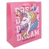 Sacosa cadou din hartie, Roz, cu model 3D Unicorn, 26x12x32cm, CMCLASS