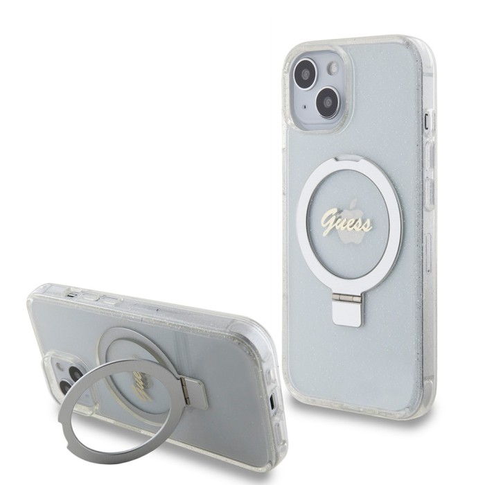 Husa Guess iPhone 15 Ring Stand Script Glitter MagSafe, transparenta, GUHMP15SHRSGSD