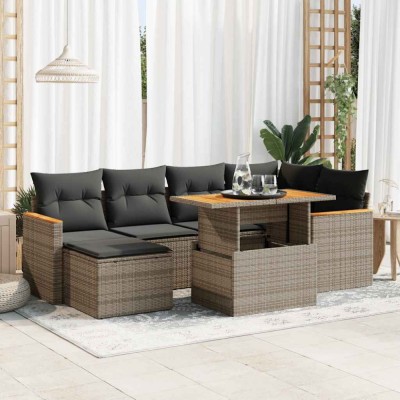 vidaXL Set canapele grădină cu perne 7 piese gri poliratan/lemn acacia 3327511 foto