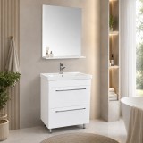 Set mobilier baie cu lavoar ceramic, GN0541, front MDF, 2 sertare, 60 cm, picioare cromate reglabile si oglinda cu polita GN0671, dreptunghiulara, PAL