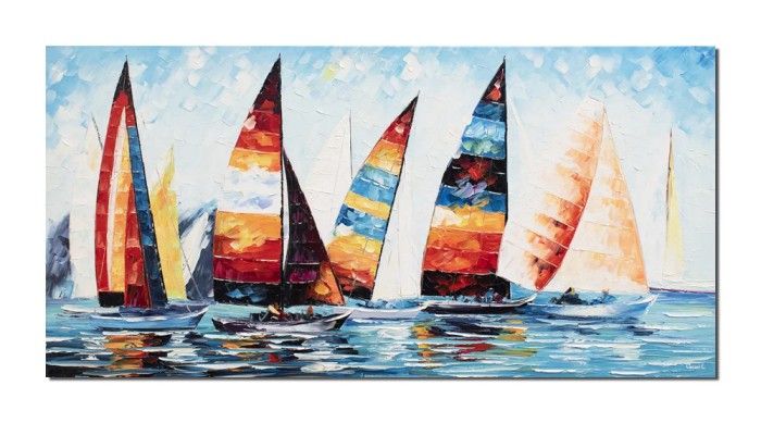 Tablou pictat manual, Cursa veliere, 120x60cm ulei pe panza in cutit efect 3D, Spectaculos, gata de agatat pe perete