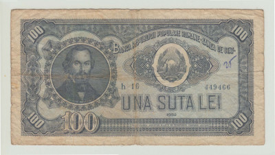 ROMANIA - 100 LEI 1952 , serie h16/ 449466 , B1.110 foto