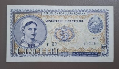 Bancnota 5 lei 1952, seria r 37 617553- stare unc/aunc foto