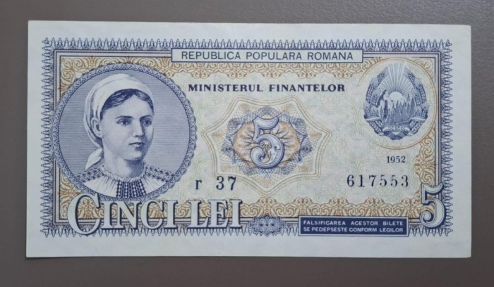 Bancnota 5 lei 1952, seria r 37 617553- stare unc/aunc