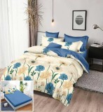 Lenjerie Pat Bumbac 6 Piese cu Elastic Albastru/Crem 180x200 cm - Husa Pilota, Cearceaf, Fete Perna