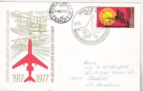 bnk cp Germania RDG - carte postala aerofilatelie - stampila ocazionala aviatie - circulata spre Romania 1977