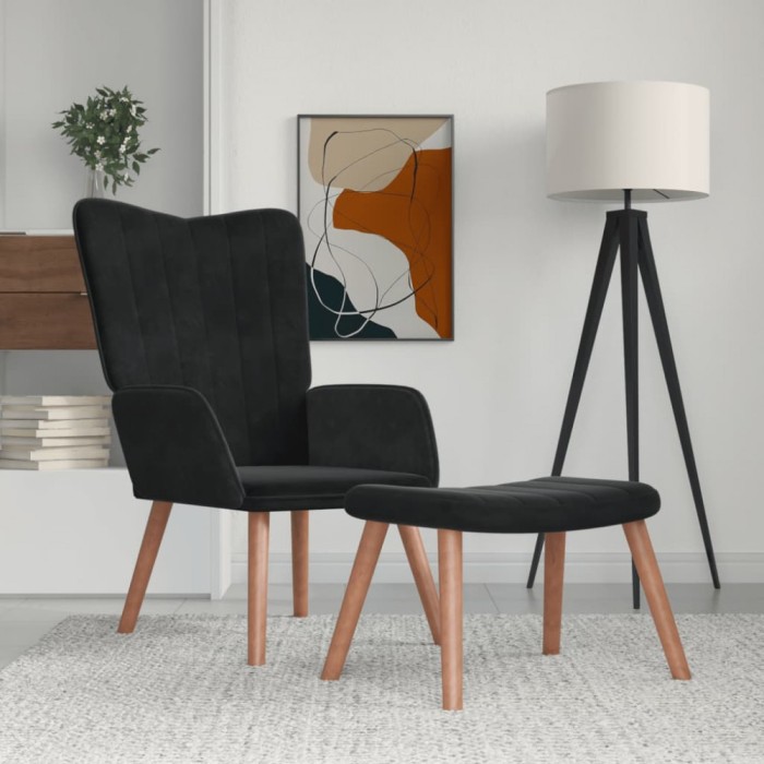 Gossi scaun de relaxare cu taburet, negru, catifea