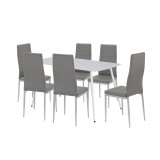 Set Masa si Scaune Renton 6+1 Leziter, Blat Piatra Sinterizata Gri, Piele Textila Gri, Modern, 140x80cm