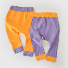 Set 2 pantaloni Ribana Bebe Unisex din bumbac organic si 5%elastan - Galben/Mov BabyCosy (Marime: 6-9 luni)