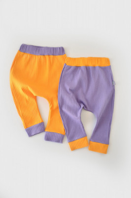 Set 2 pantaloni Ribana Bebe Unisex din bumbac organic si 5%elastan - Galben/Mov BabyCosy (Marime: 3-6 Luni) foto