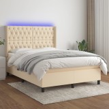 Pat cu arcuri, saltea si LED, crem, 140x200 cm, textil GartenMobel Dekor, vidaXL