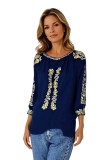 Bluza tip ie traditionala dama DEC, bleumarin/auriu , marimea 3XL, Casual, Bumbac